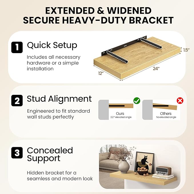Fun Memories 40 Inch Floating Shelves, 12 Inch Deep Wall Shelves, 40 x 12 Floating Shelf Set of 2, Oak Wood Floating Shelf Wall Mounted, Large Kitchen Living Room Bedroom Bathroom Storage Shelves