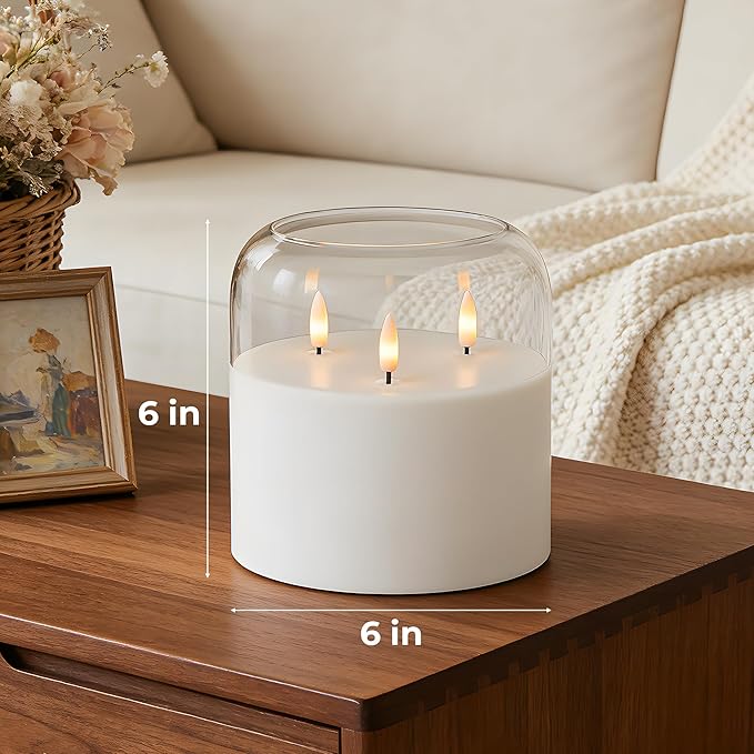3 Wick Glass Flameless Candle with Remote and Timer, 6"x6" Extra Large Real Wax LED Pillar Candle Battery Operated with 3D Flickering Flame for Festival Wedding Home Party Decor (Clear)