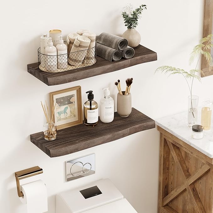 Vivelove Live Edge Floating Shelves for Wall Solid Elm Wood, Rustic Farmhouse Wall Shelf with Invisible Bracket for Living Room Bedroom Bathroom Office Book, 32 Inches - Set of 2 - Dark Walnut
