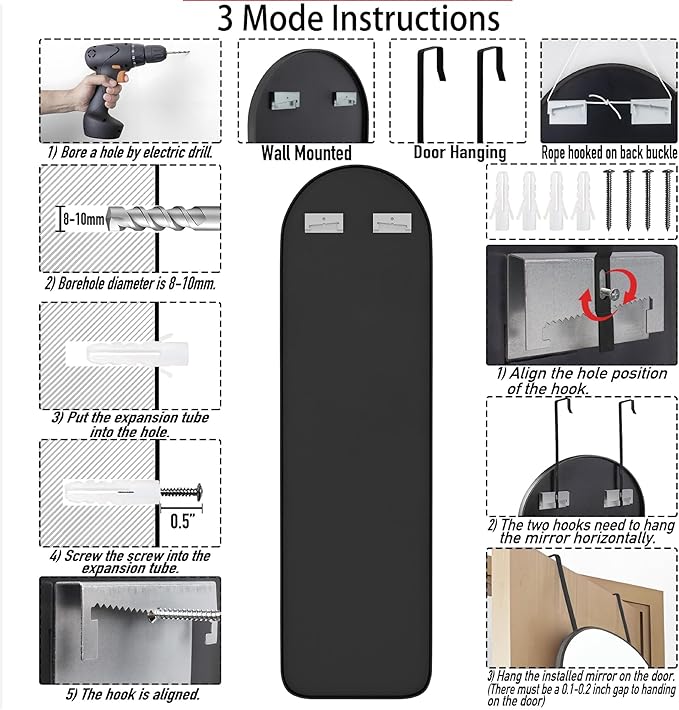 SCWF-GZ 47x14 Mirror Full Length Back Door Hanging or Wall Mounted Aluminum Metal Frame Arch Mirrors for Entryway Bedroom Bathroom Dressing Living Room 47 14 inch Black