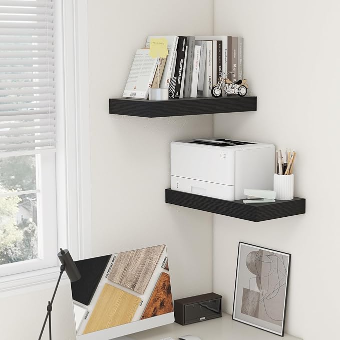 FLYJOE Deep Floating Shelves | 24 Inch Black Floating Shelves Set of 2 | 12 Inch Deep Rustic Wood Shelves for Wall | 24" W x 12" D Black Shelves for Living Room Bathroom Laundry Room Kitchen