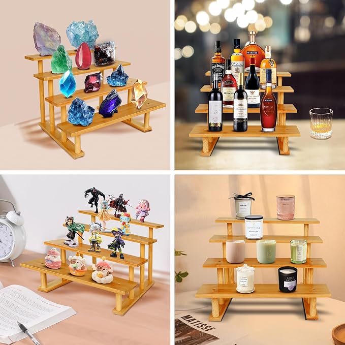 Risers Display 4 Tier Stands Wooden Cologne Organizer, Dessert Table Display Set, Makeup Organizer for Vanity, Food Display Stands for Party, Tiered Tray Perfume Stand, Counter Spice Shelf Risers
