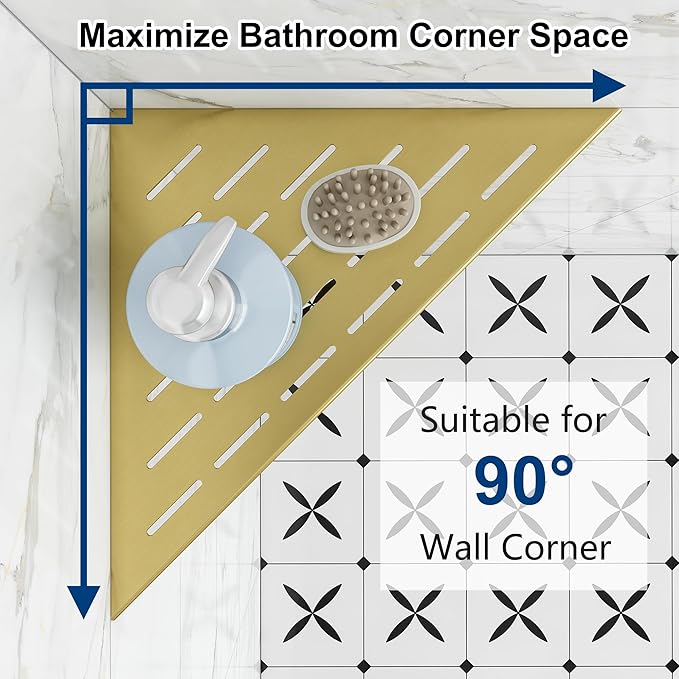 Qeke Corner Shower Shelves, 12” Recessed Tile Shower Shelf, 304 Stainless Steel Grout in Corner Tile Shower Shelves, No Drilling, Brushed Golden, 2 Pack