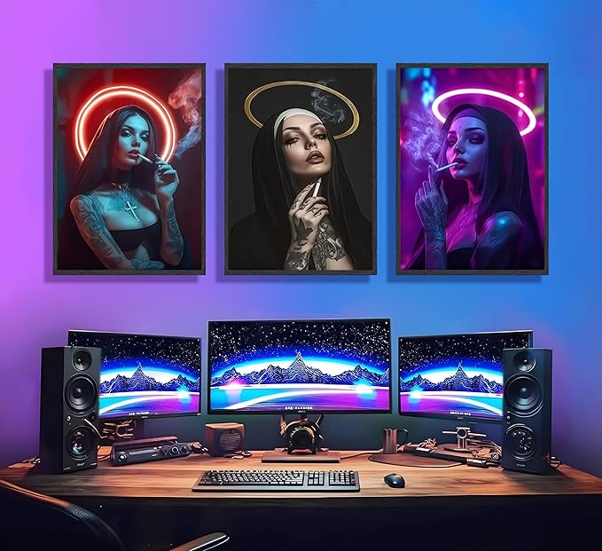 FJKLRP 3pcs Fashion Neon Nun Wall Art Cyberpunk Tattooed Feminine Canvas Print Dark neon Aesthetic Wall Decor for Bedroom Living Room Dorm Apartment Home Decor Unframed