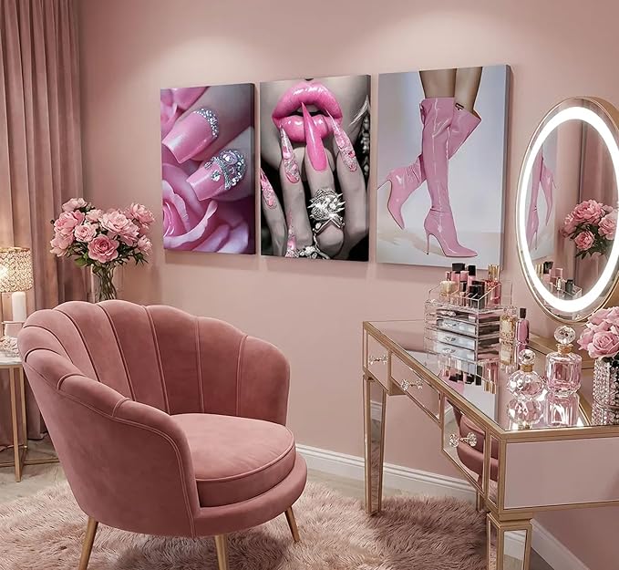3Pcs Fashion Pink Women Canvas Wall Art Glam Funky Maiden High Heel Pictures Wall Decor Elegant Dreamy Lips Pink Posters Prints Paintings for Living Room Bedroom Home Decoration Prepare To Hang