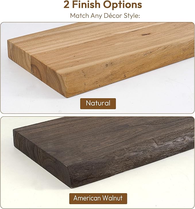 Vivelove 55 Inch Live Edge Floating Shelves Solid Wood, Elm Shelves for Wall with Invisible Bracket for Living Room Bedroom Bathroom Office Book, Rustic Farmhouse Wooden Shelf Set of 1- Natural