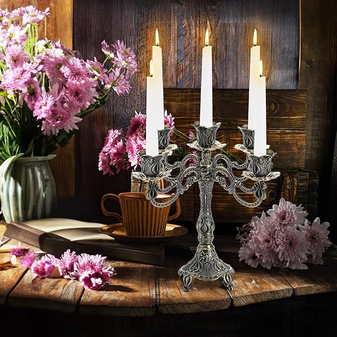 Peohud 5-Candle Metal Candelabra, 10 Inch Tall 5 Arms Candle Holder Stick for Taper Candles, Vintage Candelabra Candle Stand for Home Decor, Event, Wedding, Party