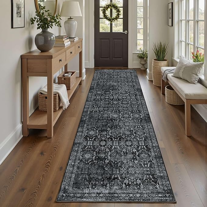 Rugxara 2'6''x8' Runner Rug, Washable Kitchen Rugs, Black Boho Vintage Floral Hallway Runner, Non Slip Low Pile Area Rug Carpet for Hallway, Kitchen, Laundry Room and Bathroom(Black 2.6x8ft)