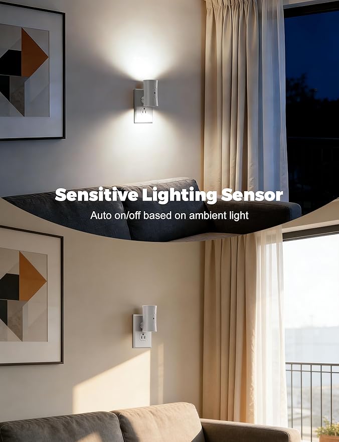 fesnne Night Light, LED Night Lights Plug into Wall, [2 Pack] White 0-100LM Adjustable Brightness Light Sensor Plug in Night Light for Hallway, Bathroom,Adult