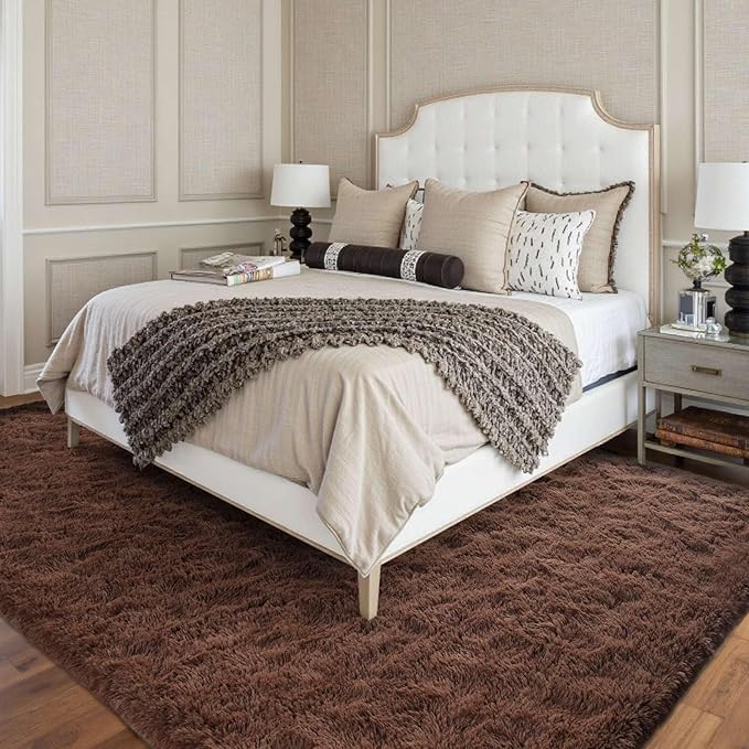 FinRèc 9x12 Rugs for Living Room Bedroom, Dark Brown Fluffy Shaggy Area Rug, Non-Slip Soft Shag Rug for Nursery Kids Room Dorm Room Home Decor, Indoor Plush Floor Carpet