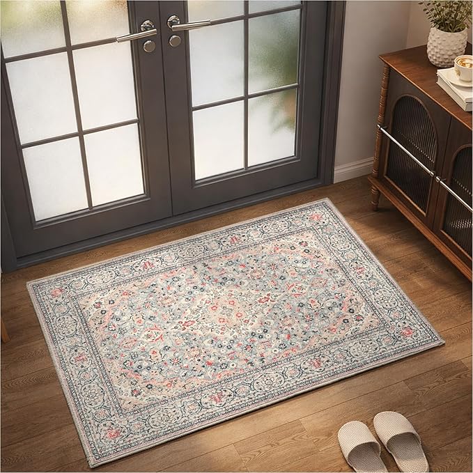 Goideal Washable Entry Rug 2x3, Beige Small Area Rugs Non Slip, Indoor Low Pile Carpet with Rubber Backing for Bathroom Kitchen Entryway Office