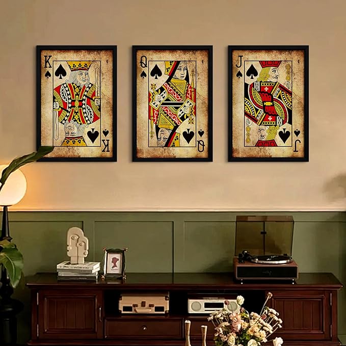Playing Card Wall Art Poster Vintage Poker Canvas Wall Decor Retro Game Room Art Picture Joker King Queen Poster Trendy Retro Prints Vintage Poker Painting Artwork for Bedroom 16x24 Inch Framed 3Pcs