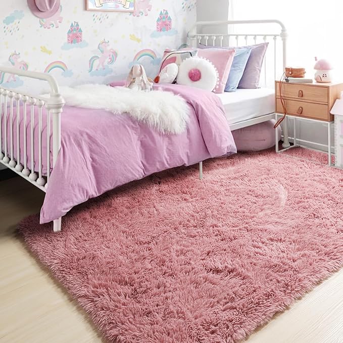 Amdrebio Blush Pink Area Rugs for Girls Bedroom, Furry Fluffy Cute Small Rug 3x5 for Kids Room Playroom, Fuzzy Shaggy Fur Plush Carpet for Nursery Dorm Classroom, Shag Kawaii Dusty Rose Mauve Rugs