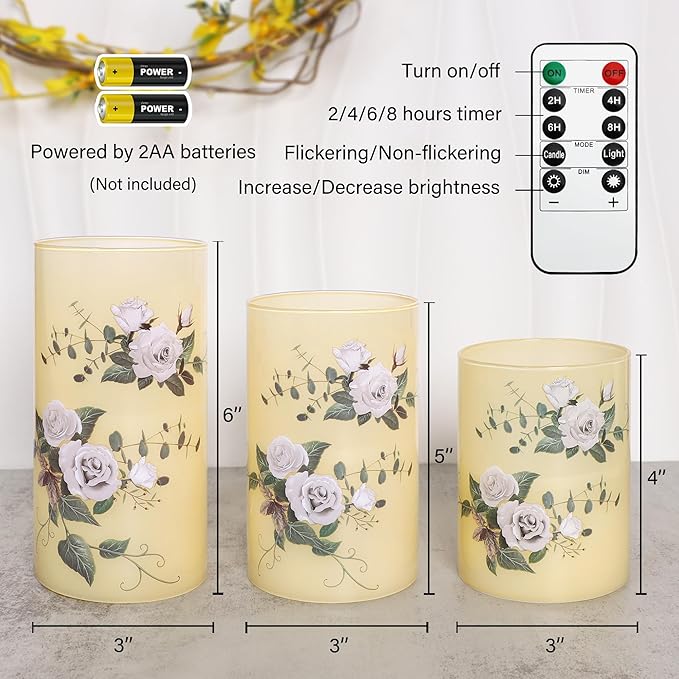 Flameless Candles with Remote & Timer, Love Theme Battery Operated Flickering Glass Rose LED Candles, Bedroom Home Christmas Valentine's Day Decor Table Ornament, Set of 3