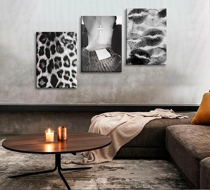 DULASI Set of 3 Fashion Chic Wall Art Kiss Lips Poster Leopard Picture Wall Decor Trendy Y2k Print Black and White Aesthetic Girly Room Decor for Bedroom Living Room Dorm Home Decoration 16"x24"