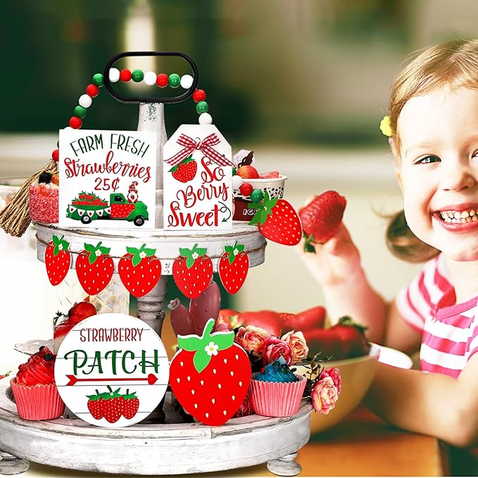 Yalikop 10 Pcs Summer Tiered Tray Decor Sets Strawberry Kitchen Decor Farmhouse Wood Tiered Tray Decorations Standing Sign Bead Garland Banner for Home Able Shelf Mantel Party