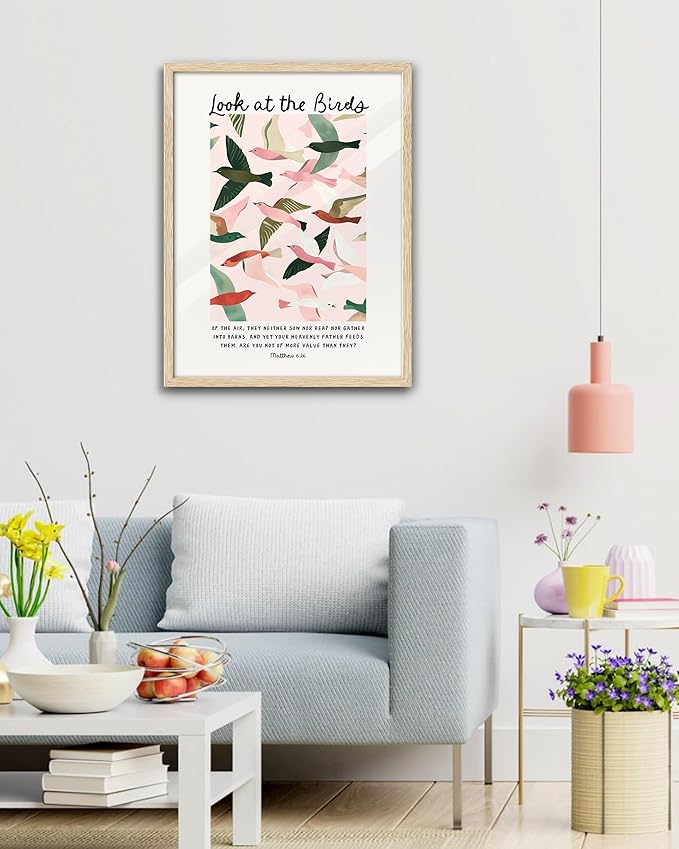EcoHest Large 16x20in OAK Wood Framed Wall Art, Look at the Birds of the Air Bible Verse Matthew 6, Christian Scripture Modern Canvas Wall Decor for Bedroom Living Bathroom Religious Gift 1 Pack