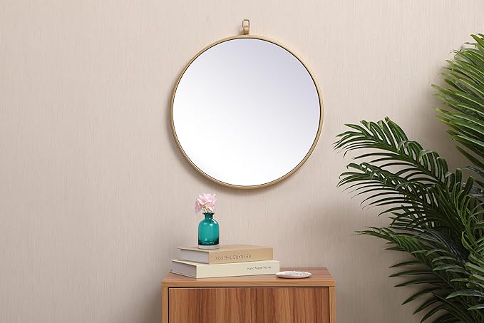 Brilliance, Metal Frame Round Mirror with Decorative Hook 18 Inch in, Midcentury Modern, Brass