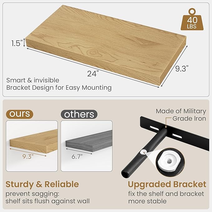 Fun Memories Floating Shelves 24 Inch Long, 9.3 Inch Deep Floating Shelf for Lving Room, Bedoom, Kitchen, Deep Wall Shelves for Bathroom, 2 Pack Storage Display Shelf for Books, Decors, Oak