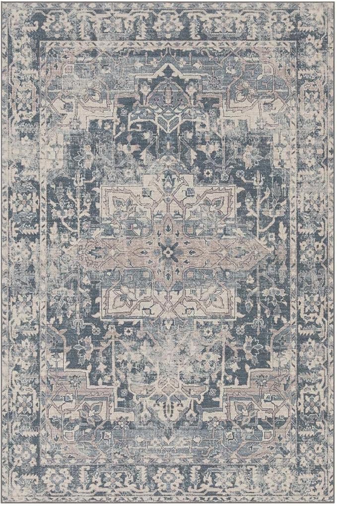 Rugxara 9x12 Area Rugs for Living Room Bedroom, Large Washable Rug, Blue Vintage Retro Boho Rug, Non Slip & Low Pile Faux Wool Thin Carpet for Indoor Dining Room and Kids Room(Blue 9x12ft)