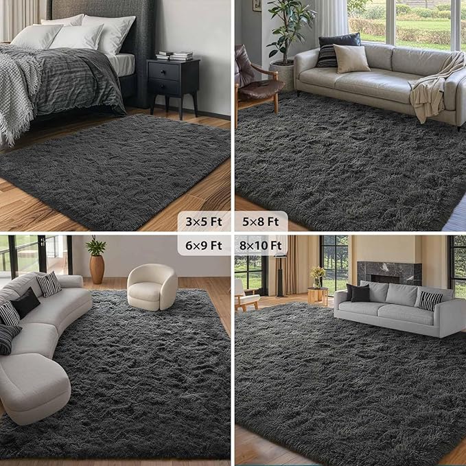 FinRèc Soft Grey Rugs for Bedroom Living Room, 4x6 Feet Fuzzy Shaggy Area Rug, Non-Slip Fluffy Furry Shag Rug for Nursery Kids Room Dorm Room Home Decor, Indoor Plush Floor Carpet