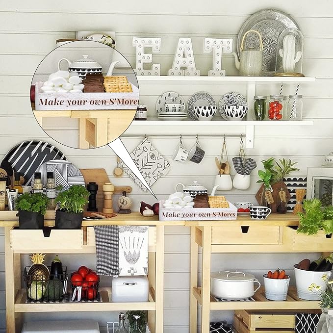 Yookeer S'mores Station Box Farmhouse S'mores Bar Holder Farmhouse Kitchen Smores Box Wood White Rustic Decor Roasting Smores Container Organizer for Chirstmas Camping Outdoor BBQ Housewarming