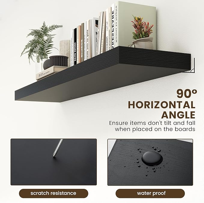 FLYJOE 12 Inch Deep Floating Shelves | 55 Inch Black Floating Shelves | 55" W x 12" D Rustic Wood Shelves for Wall | Deep Black Shelves for Living Room Bathroom Laundry Room Kitchen