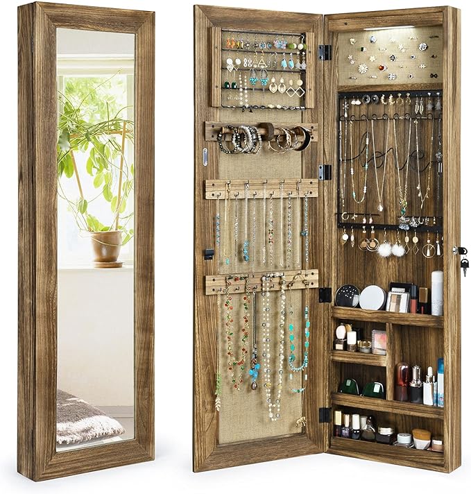 SRIWATANA Jewelry Armoire Cabinet, Solid Wood Jewelry Organizer with Full Length Mirror Wall/Door Mounted(Carbonized Black)