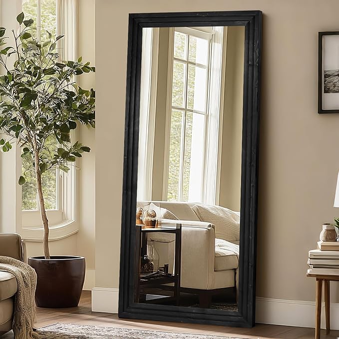 Full Length Wood Mirror 71x30 - Rustic Solid Wood Floor Mirror with Triple Layer Frame, HD Tempered Glass, Wall Mounted or Leaning Standing Mirror Vintage Black Mirror for Bedroom Bathroom Living Room