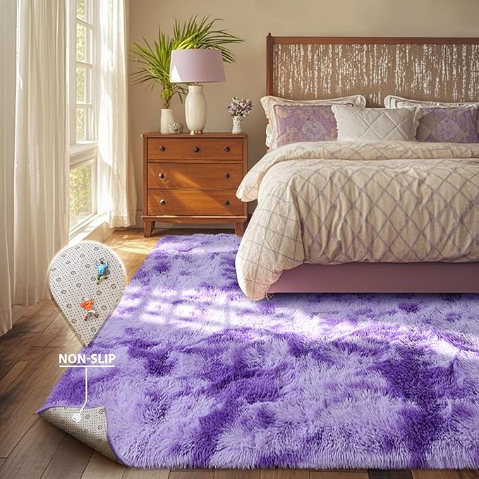 5x7 Purple White Rug Fluffy Living Room Rugs Girls, Plush Soft Fuzzy Area Carpet Non Slip for Bedroom Nursery Kids Girlie Elegant Home Decor Aesthetic