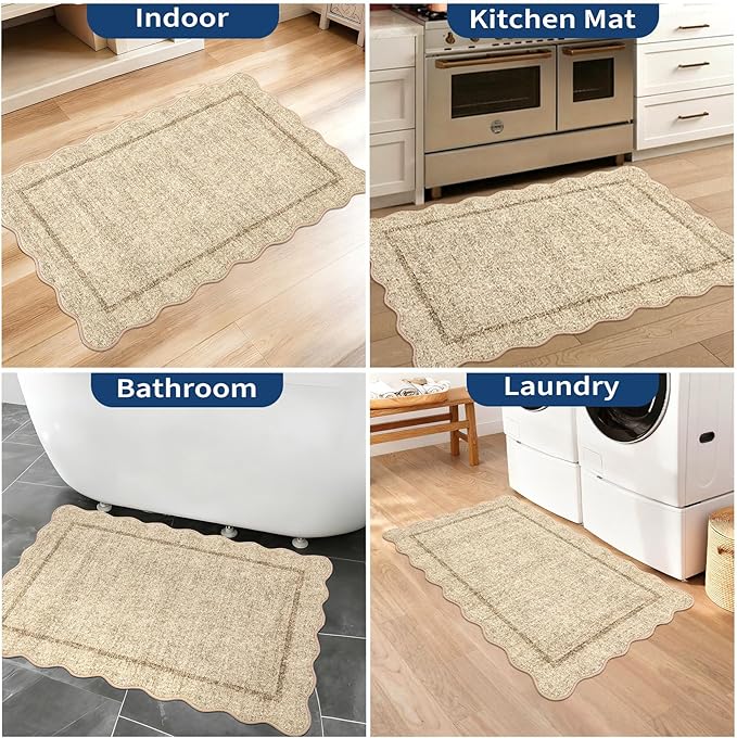 GarveeHome Scalloped Door Mat 2x3 Indoor Rugs for Entryway Washable Non-Slip Solid Small Rug Modern Soft Low-Pile Stain Resistant Carpet for Bedroom Kitchen Entrance Laundry, Jute Color