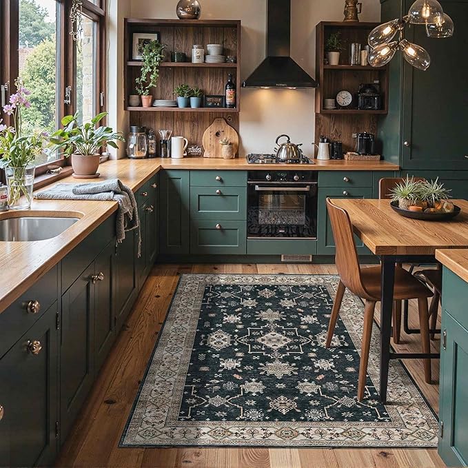 Rugxara Area Rugs for Living Room Bedroom, Washable Rug, Black Vintage Floral Boho Rug, Non Slip & Low Pile Faux Wool Accent Carpet for Indoor Dining Room, Kids Room and Office(Black 4x6ft)