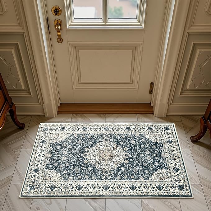 Goideal Washable Rug 2x3, Vintage Area Rugs Non Slip, Indoor Low Pile Carpet with Rubber Backing for Kitchen Bathroom Entryway Office Bedroom,Black & White
