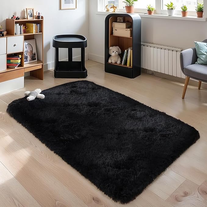 KICHOWUA Thick Area Rug Black Fluffy Shag 3x5 for Bedroom, Ultra Soft Thickened Plush Washable Carpet, Non-Slip Cozy Shaggy Fuzzy Rug for Living Room Nursery Dorm Playroom Kids Baby Room