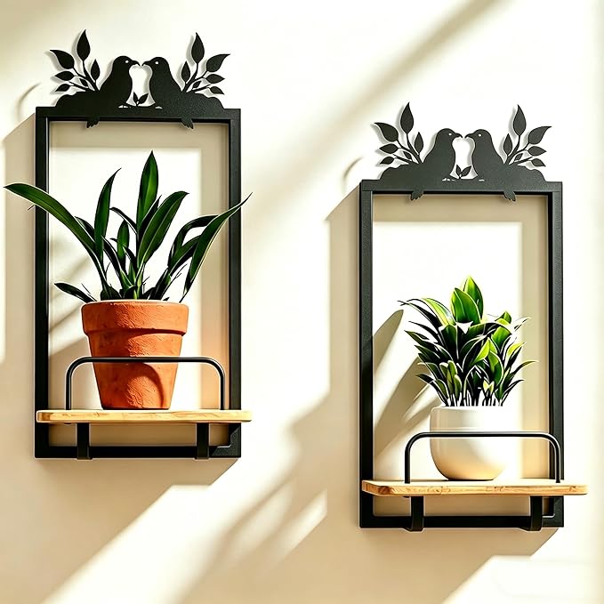 Shineled Wall Planter for Indoor Plants 2 Pack, Wall Mounted Plant Holder for Small Plants, Floating Wall Shelf for Plants, Real Oak Wood, Magnetic Animal Decor, Home Wall Decor (Bird)