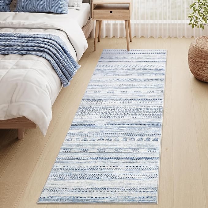 2x6 Runner Rug Machine Washable Non Slip Area Rug Distressed Neutral Moroccan Boho Rug Ultra Soft Floor Runners for Hallways for Entryway Laundry Room Kitchen, Blue