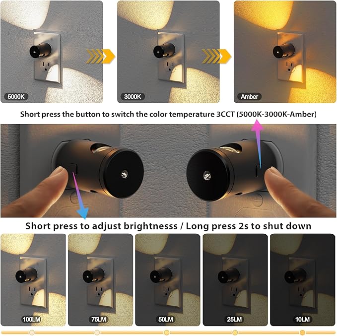JandCase Night Lights Plug into Wall,2 Pack Mini Lens Night Light with 3CCT Color Temperature,180° Rotatable Night-Lights,Dimmable Nightlight Plug in with Light Sensor for Bathroom Hallway Room Decor