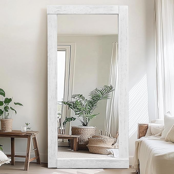 Full Length Mirror 71"x32" – Solid Wood Frame, HD Tempered Glass, Wall Mounted & Leaning, Rustic Modern Decor for Bedroom, Living Room, Entryway, White