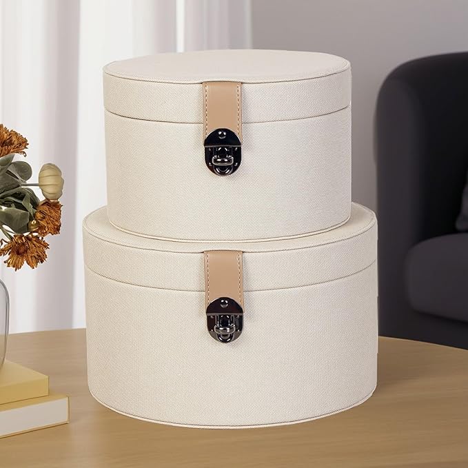 Set of 2 Round White Faux Leather Decorative Boxes with Lid for Home Decor