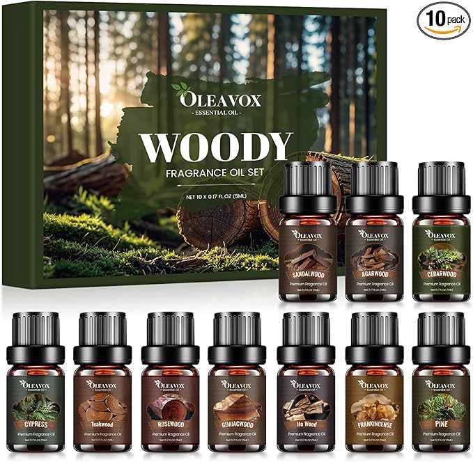 Woody Essential Oils Gift Set, 10x５ML Premium Wood Fragrance Oil　for Candle & Soap Making, Diffuser, Sandalwood, Teakwood, Forest Pine, Cedarwood, Cypress and Frankincense More Aromatherapy Oils