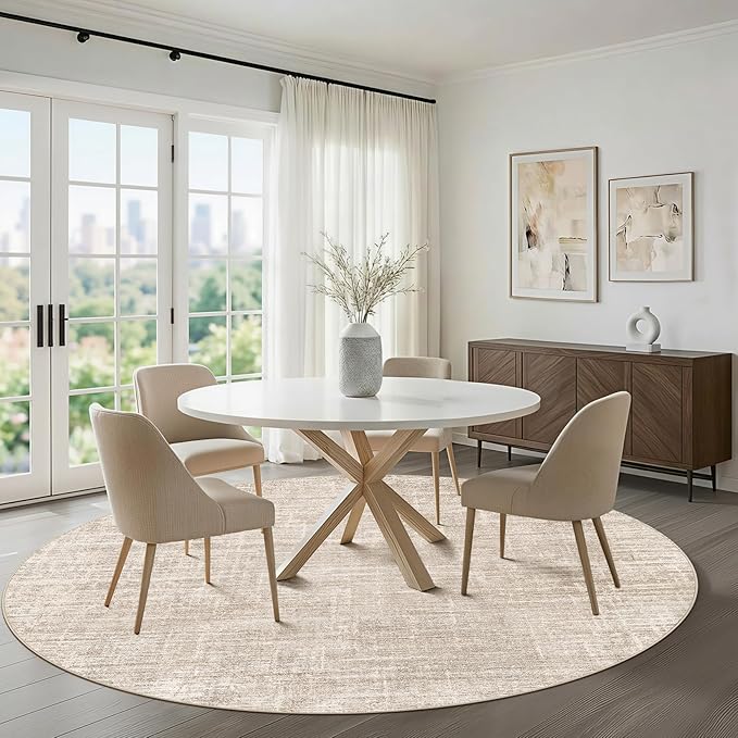 7ft Round Rug Living Room: 7x7 Washable Large Neutral Beige Circle Area Rug Abstract Soft Modern Stain Resistant Indoor Floor Non-Slip Carpet for Bedroom Nursery Kids Office Playroom Dining Room