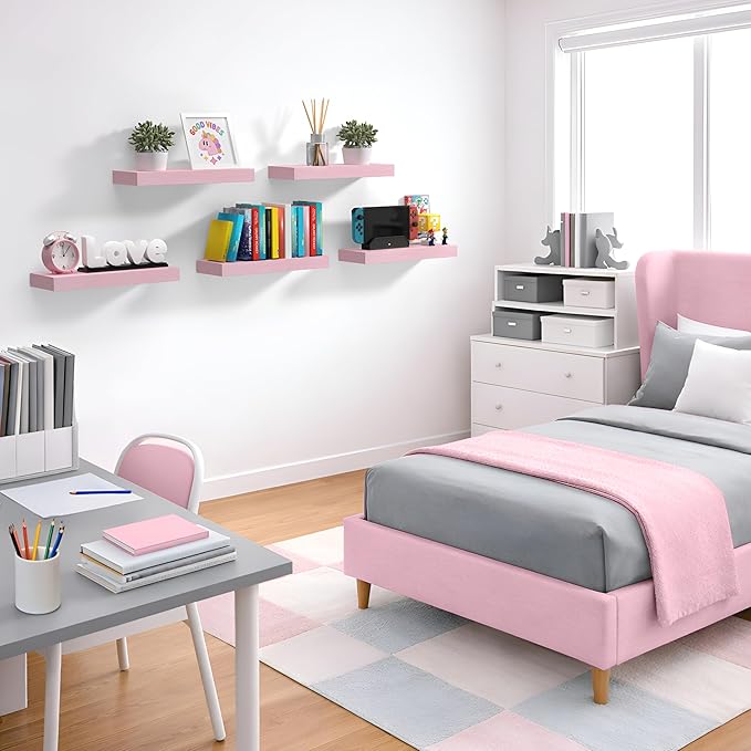 Sorbus Floating Shelves for Wall – 16 Inch Floating Shelf for Kitchen, Bedroom, Living Room, Bathroom, Home & Wall Decor - Mounted Bathroom Shelves with Invisible Brackets (Soft Pink, 4 Pack)