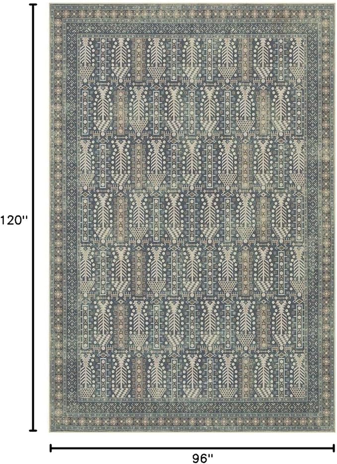 Rugxara 8x10 Washable Area Rugs for Living Room&Bedroom - Floral Boho Vintage Rug,Soft & Non-Slip,Low Pile Wool Carpet for Indoor Dining Room,Girls Room,Nursery Room and Kids Room(Ivory Blue)