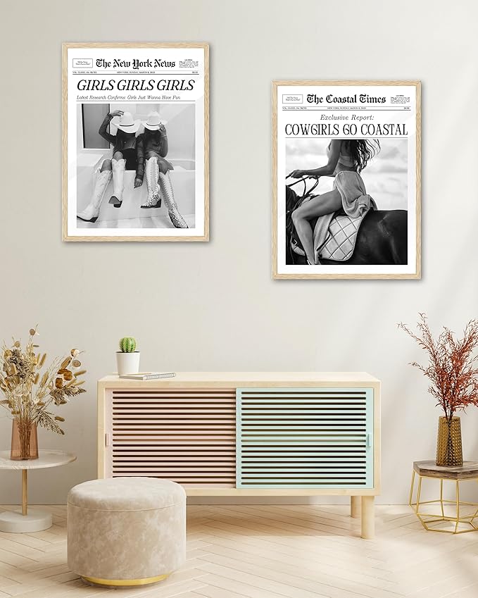 iHery Girls Just Wanna Have Fun Framed Trendy Cowgirl NewsPaper Wall Art, 12x16in Natural OAK Wood Black and White Canvas Wall Decor For Bedroom Dorm Living Room,Vintage Bar Car Home Décor 1Pack