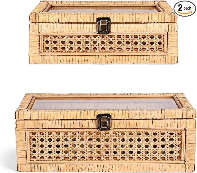 HUAXIN CRAFT H Rattan Decorative Box with Lid, Rectangular Woven with Glass for Display, Set of 2 Wicker for Decor