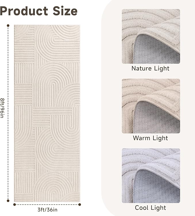 Pauwer 3x8 Washable Area Rugs for Living Room Modern Beige Solid Color Soft Fluffy Rugs for Bedroom Non Slip Boho Accent Indoor Mat Floor Carpet Cover for Kids Dining Room Kitchen Office