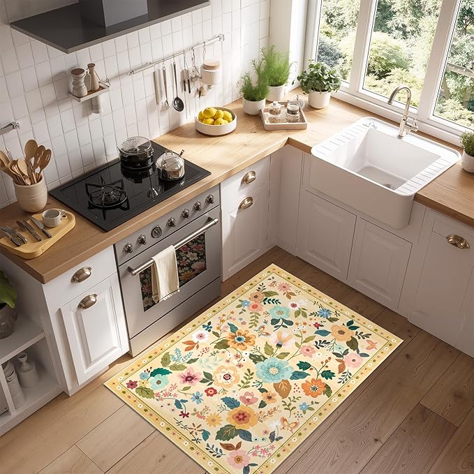 RELEANY Floral Nursery 2x3 Area Rugs Washable Print Boho Cute Carpet Non Slip Flower Low Pile for Living Room Kids Girls Plaroom Bedroom Kitchen Office Farmhouse-Ivory/Yellow