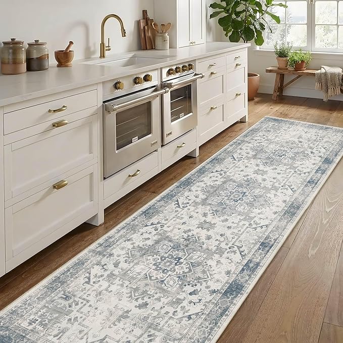 Rugxara 2'6" x 8' Hallway Runner Rug, Non Slip Boho Runner Rugs for Hallway, Kitchen, Entrance, Bathroom, Laundry Room, Soft Ultra-Thin Entryway Carpet, Throw Low Pile Retro Carpet, Blue/Grey