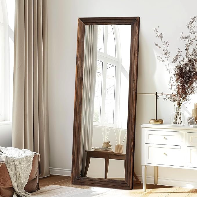 65"x22" Full Length Mirror Solid Wood Frame Floor Mirror with Stand for Living Room, Bedroom Hanging Standing or Leaning, Brown