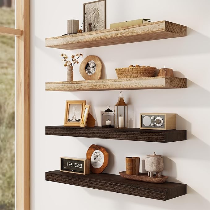 Solid Wood Floating Shelves for Wall 36"W x 8"D x 1.56"H Set of 2, Deep Wall Shelves for Living Room Bedroom Bathroom Kitchen Decor Storage with Invisible Heavy-Duty Metal Bracket, Rustic Brown